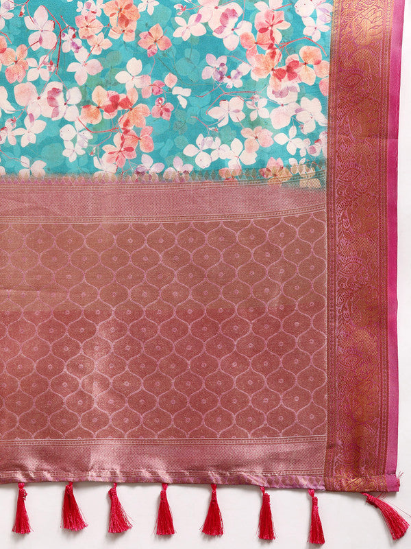 Turquoise Pure Silk Digital Print Floral Saree with Unstitched Blouse - Hiral Fashion | Swadesiicart