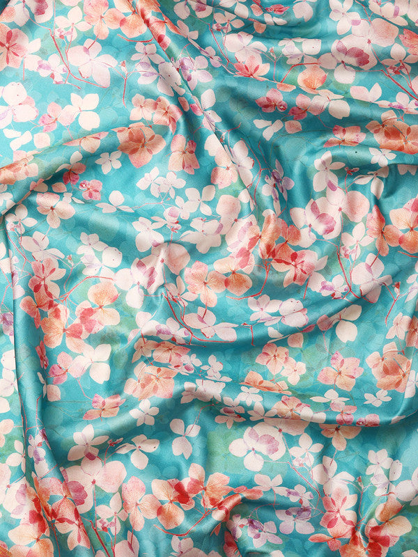 Turquoise Pure Silk Digital Print Floral Saree with Unstitched Blouse - Hiral Fashion | Swadesiicart