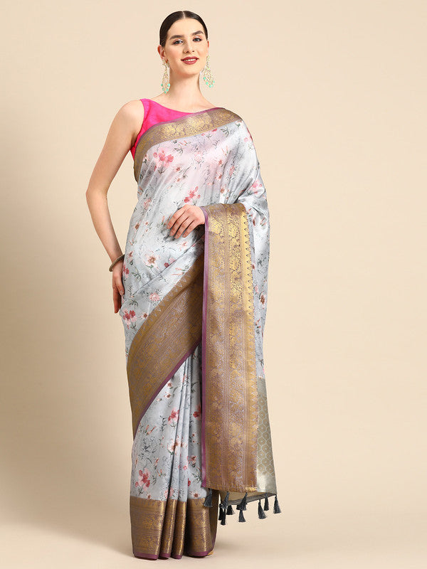 Gray Pure Silk Digital Print Floral Saree with Unstitched Blouse - Hiral Fashion | Swadesiicart