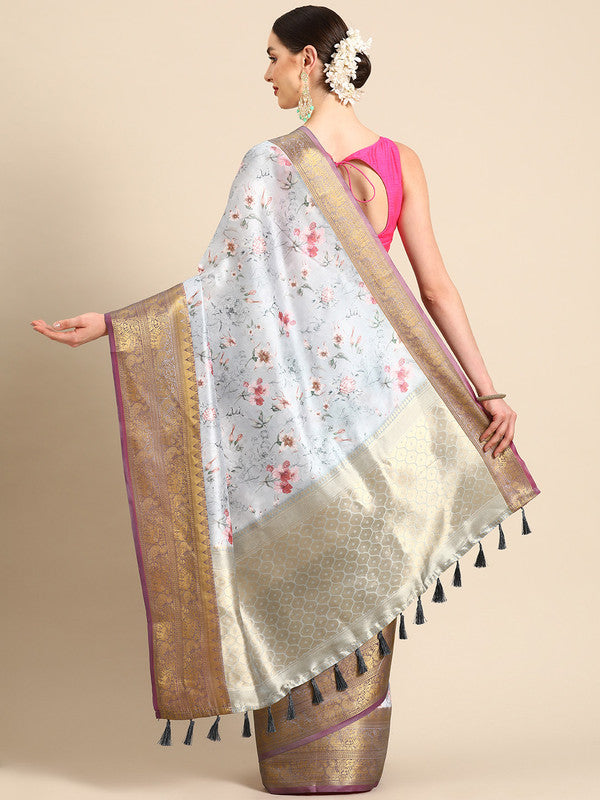 Gray Pure Silk Digital Print Floral Saree with Unstitched Blouse - Hiral Fashion | Swadesiicart