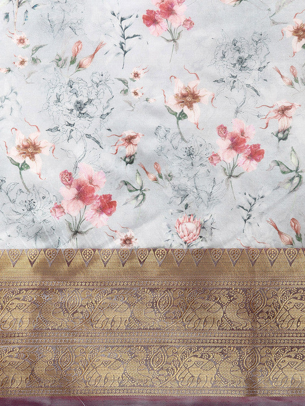Gray Pure Silk Digital Print Floral Saree with Unstitched Blouse - Hiral Fashion | Swadesiicart