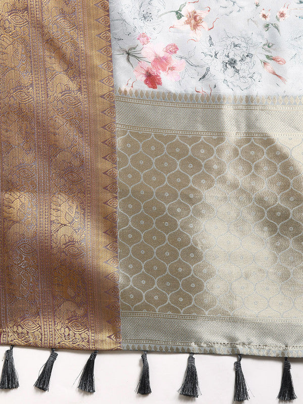 Gray Pure Silk Digital Print Floral Saree with Unstitched Blouse - Hiral Fashion | Swadesiicart