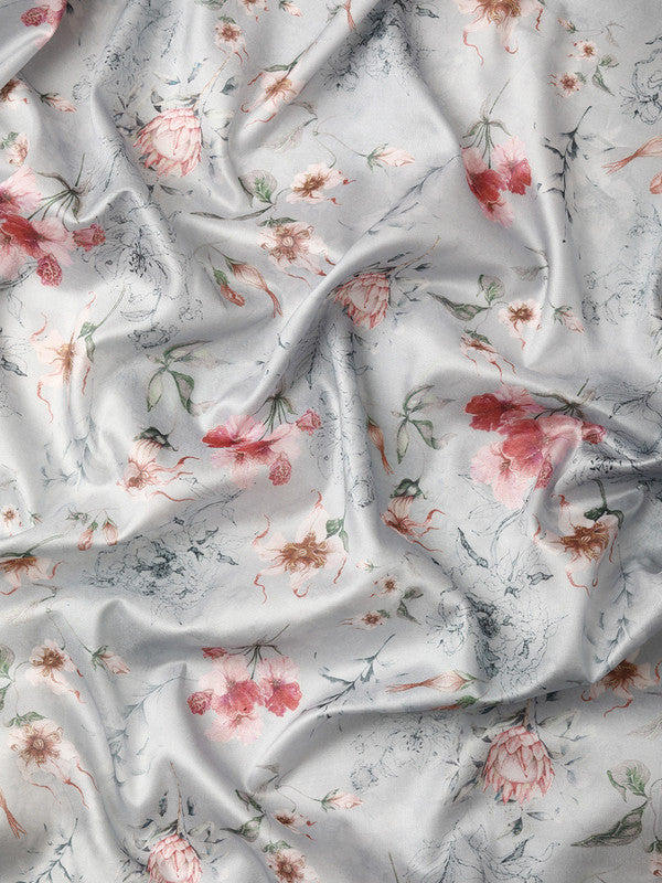 Gray Pure Silk Digital Print Floral Saree with Unstitched Blouse - Hiral Fashion | Swadesiicart