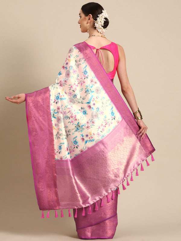 Off White Pure Silk Digital Print Floral Saree with Unstitched Blouse - Hiral Fashion | Swadesiicart