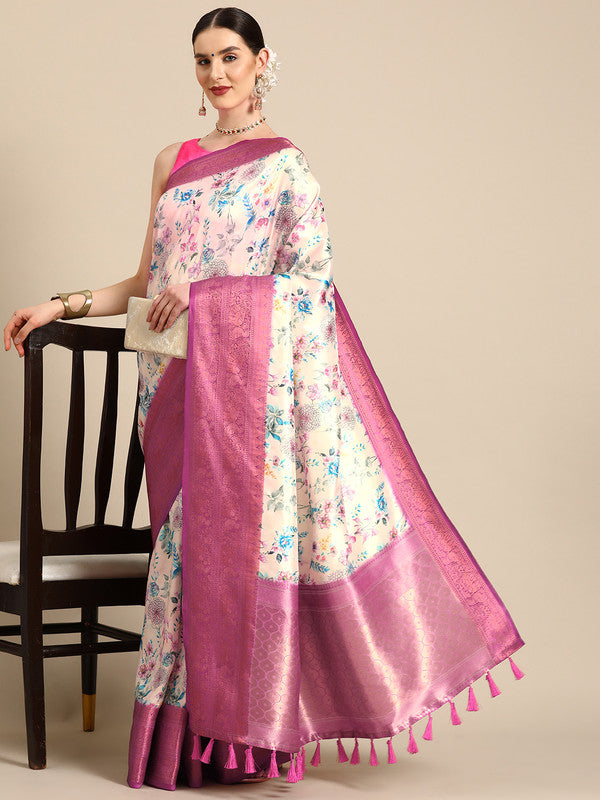 Off White Pure Silk Digital Print Floral Saree with Unstitched Blouse - Hiral Fashion | Swadesiicart