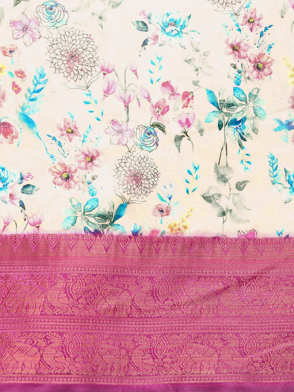 Off White Pure Silk Digital Print Floral Saree with Unstitched Blouse - Hiral Fashion | Swadesiicart