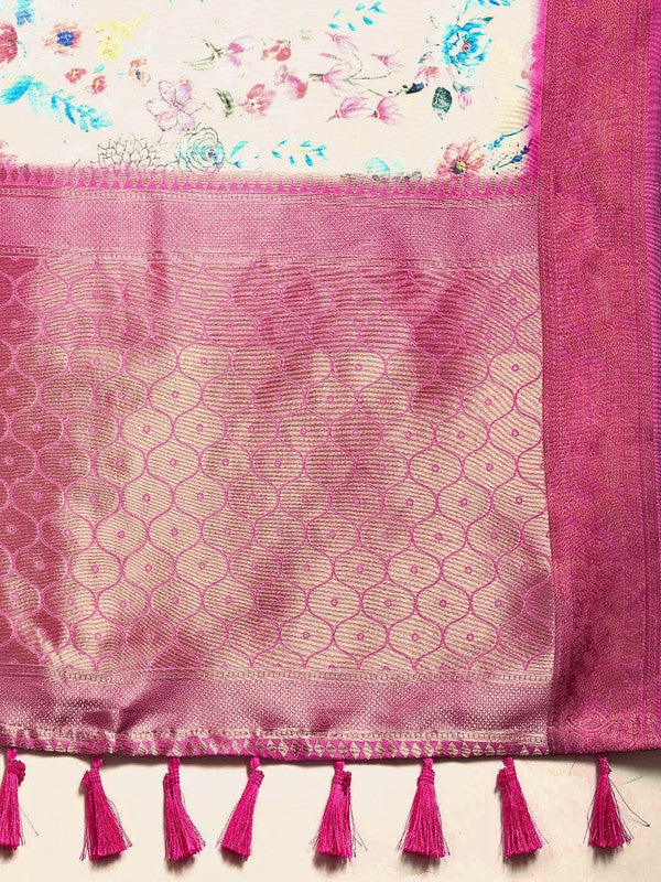 Off White Pure Silk Digital Print Floral Saree with Unstitched Blouse - Hiral Fashion | Swadesiicart
