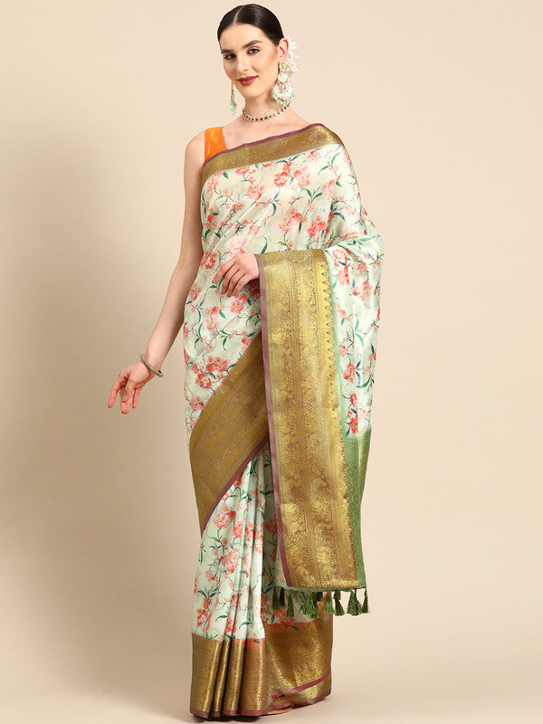 Green Pure Silk Digital Print Floral Saree with Unstitched Blouse - Hiral Fashion | Swadesiicart