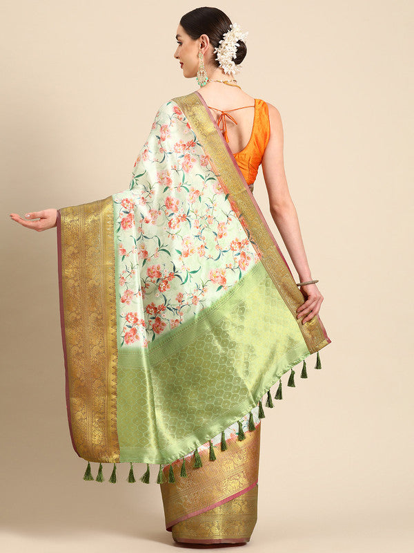 Green Pure Silk Digital Print Floral Saree with Unstitched Blouse - Hiral Fashion | Swadesiicart