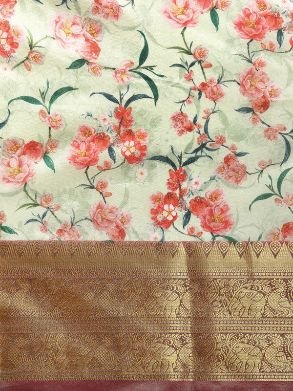 Green Pure Silk Digital Print Floral Saree with Unstitched Blouse - Hiral Fashion | Swadesiicart
