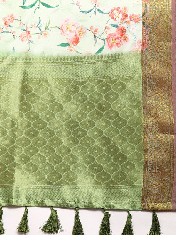 Green Pure Silk Digital Print Floral Saree with Unstitched Blouse - Hiral Fashion | Swadesiicart
