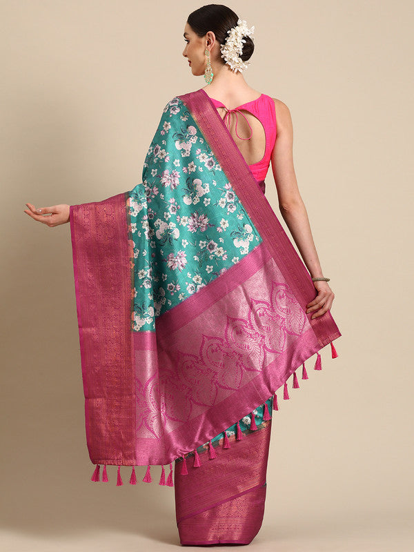 Turquoise Pure Silk Digital Print Floral Saree with Unstitched Blouse - Hiral Fashion | Swadesiicart