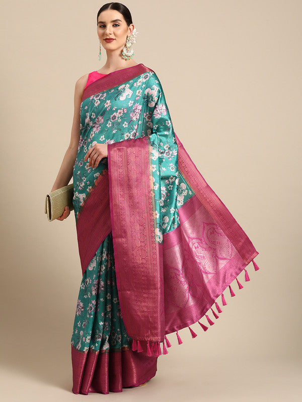 Turquoise Pure Silk Digital Print Floral Saree with Unstitched Blouse - Hiral Fashion | Swadesiicart