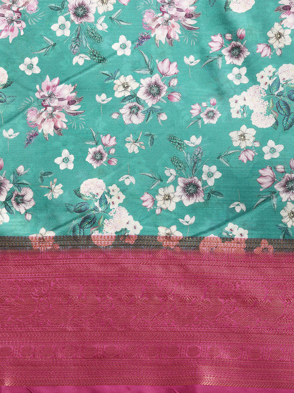 Turquoise Pure Silk Digital Print Floral Saree with Unstitched Blouse - Hiral Fashion | Swadesiicart