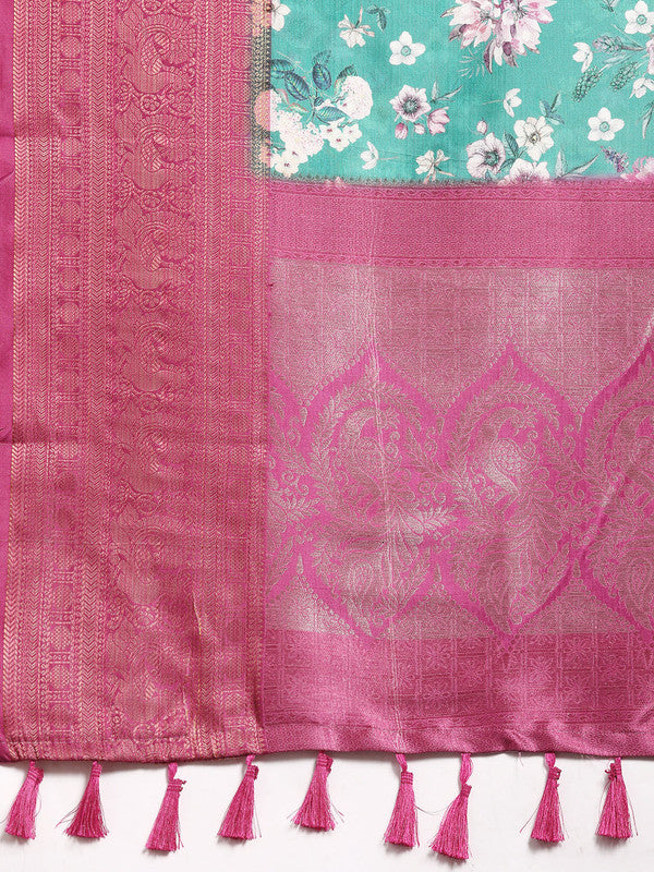 Turquoise Pure Silk Digital Print Floral Saree with Unstitched Blouse - Hiral Fashion | Swadesiicart