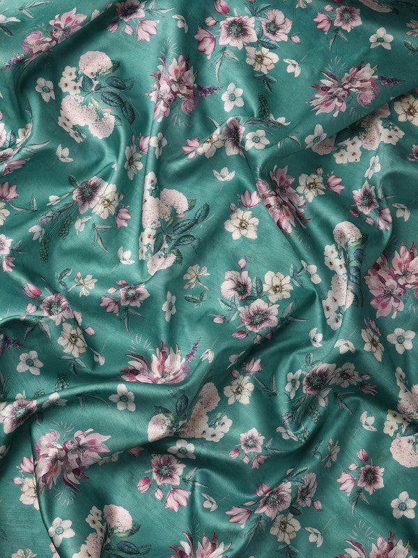 Turquoise Pure Silk Digital Print Floral Saree with Unstitched Blouse - Hiral Fashion | Swadesiicart