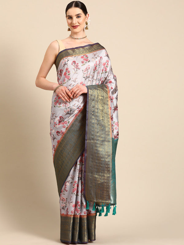 Gray Pure Silk Digital Print Floral Saree with Unstitched Blouse - Hiral Fashion | Swadesiicart