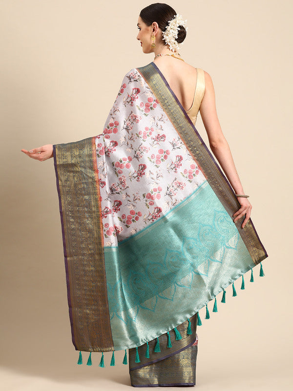Gray Pure Silk Digital Print Floral Saree with Unstitched Blouse - Hiral Fashion | Swadesiicart
