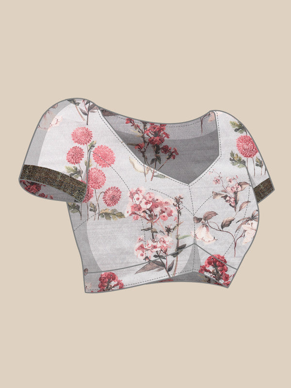 Gray Pure Silk Digital Print Floral Saree with Unstitched Blouse - Hiral Fashion | Swadesiicart