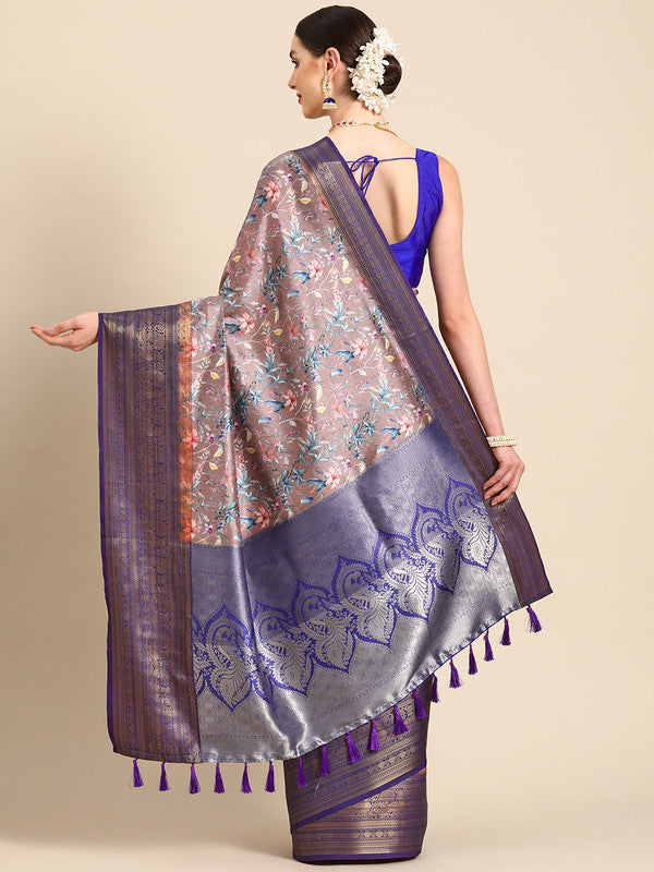 Brown Pure Silk Digital Print Floral Saree with Unstitched Blouse - Hiral Fashion | Swadesiicart