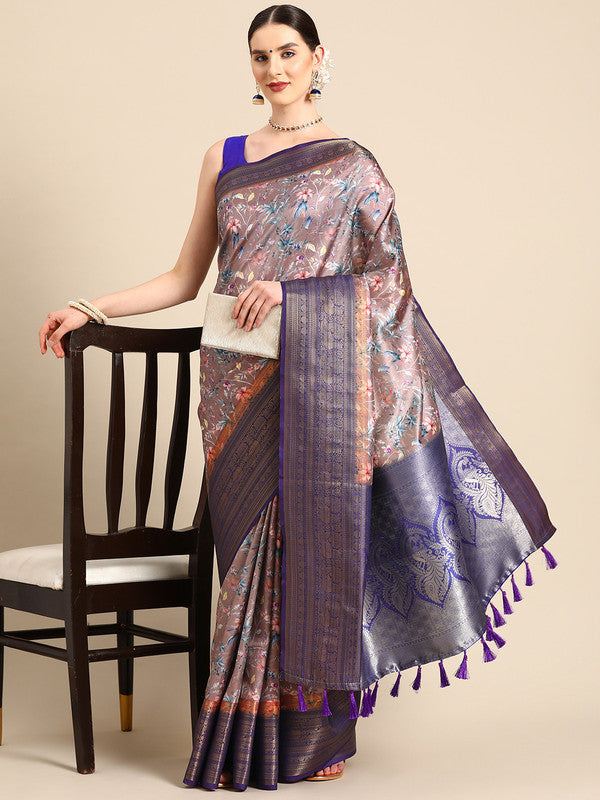 Brown Pure Silk Digital Print Floral Saree with Unstitched Blouse - Hiral Fashion | Swadesiicart