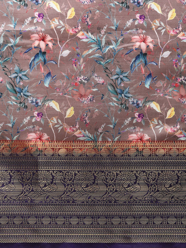 Brown Pure Silk Digital Print Floral Saree with Unstitched Blouse - Hiral Fashion | Swadesiicart