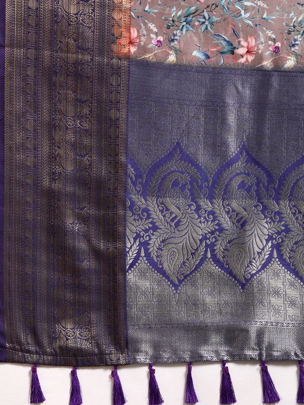 Brown Pure Silk Digital Print Floral Saree with Unstitched Blouse - Hiral Fashion | Swadesiicart