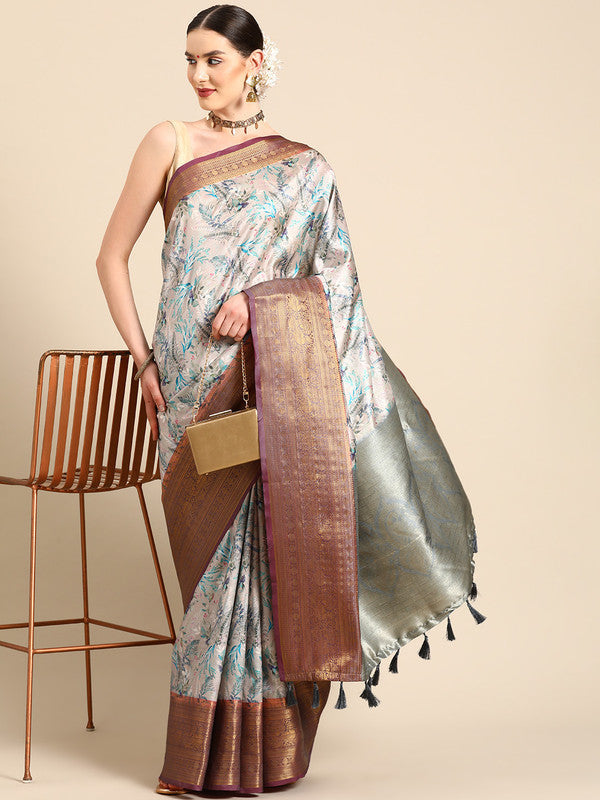 Multicolor Pure Silk Digital Print Floral Saree with Unstitched Blouse - Hiral Fashion | Swadesiicart