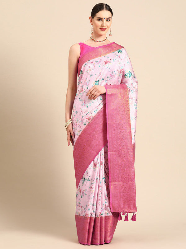 Pink Pure Silk Digital Print Floral Saree with Unstitched Blouse - Hiral Fashion | Swadesiicart