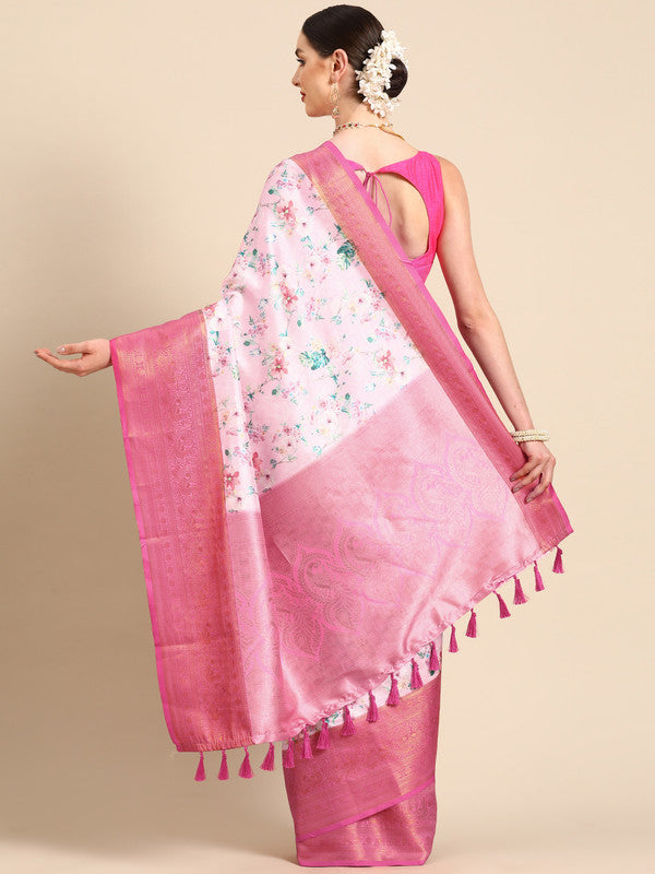 Pink Pure Silk Digital Print Floral Saree with Unstitched Blouse - Hiral Fashion | Swadesiicart