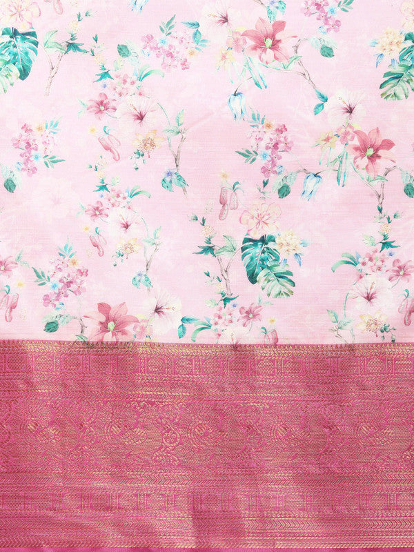 Pink Pure Silk Digital Print Floral Saree with Unstitched Blouse - Hiral Fashion | Swadesiicart