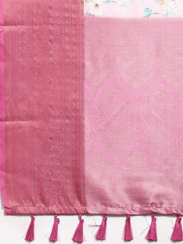 Pink Pure Silk Digital Print Floral Saree with Unstitched Blouse - Hiral Fashion | Swadesiicart