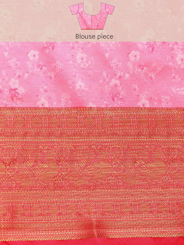 Pink Pure Silk Digital Print Floral Saree with Unstitched Blouse - Hiral Fashion | Swadesiicart