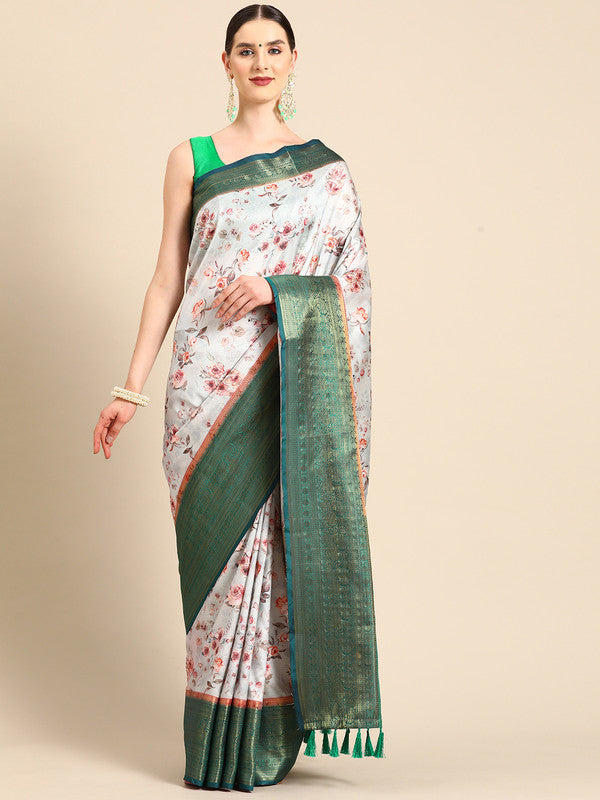 Gray Pure Silk Digital Print Floral Saree with Unstitched Blouse - Hiral Fashion | Swadesiicart