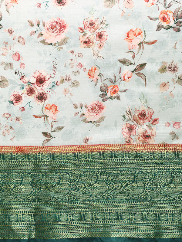 Gray Pure Silk Digital Print Floral Saree with Unstitched Blouse - Hiral Fashion | Swadesiicart