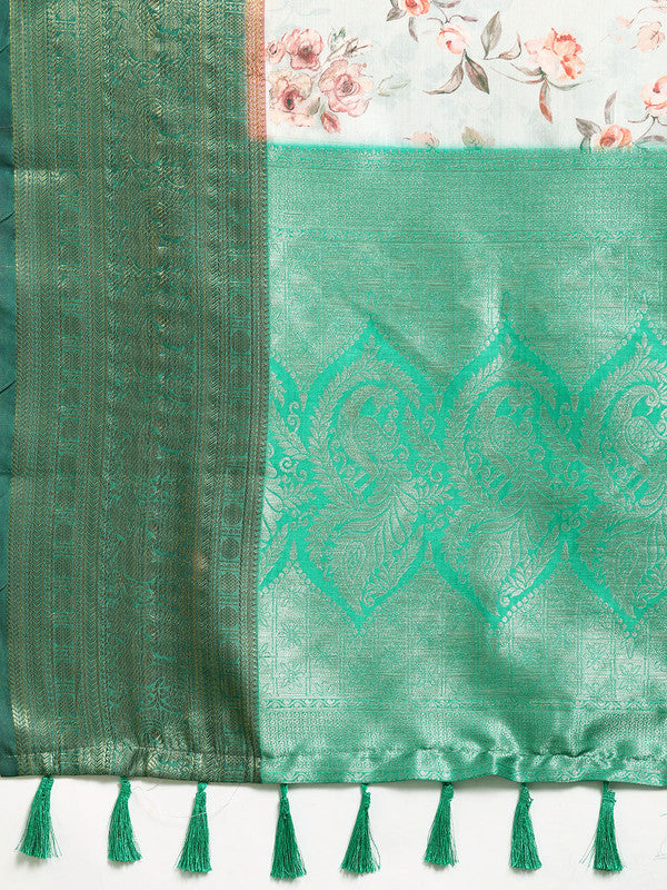 Gray Pure Silk Digital Print Floral Saree with Unstitched Blouse - Hiral Fashion | Swadesiicart