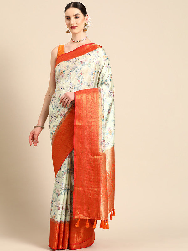 Green Pure Silk Digital Print Floral Saree with Unstitched Blouse - Hiral Fashion | Swadesiicart