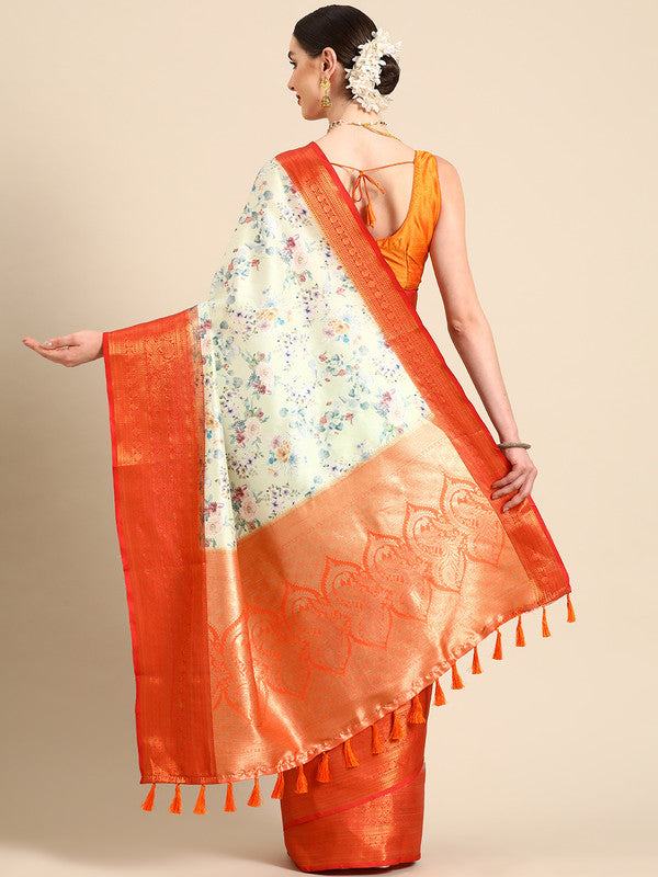 Green Pure Silk Digital Print Floral Saree with Unstitched Blouse - Hiral Fashion | Swadesiicart