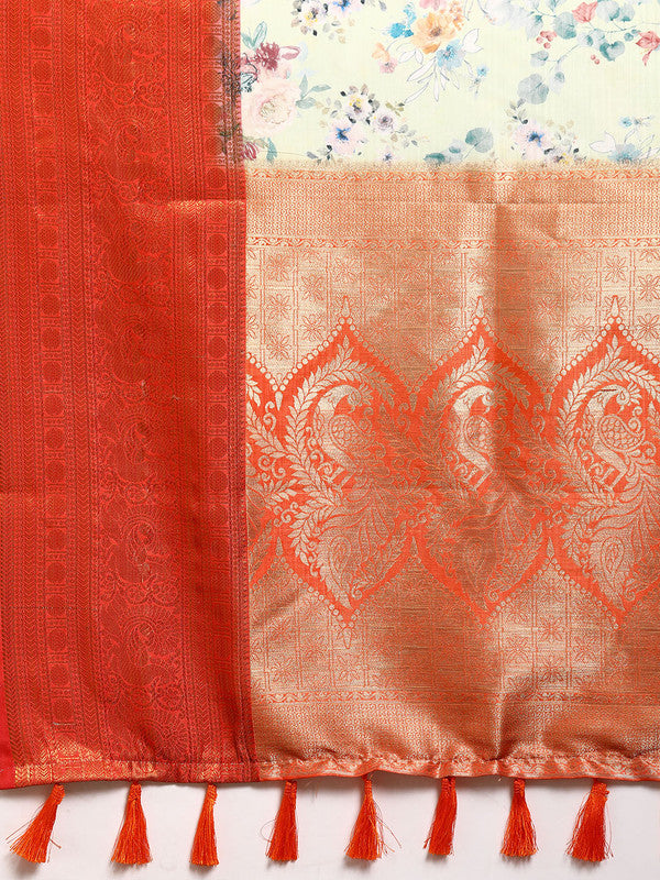 Green Pure Silk Digital Print Floral Saree with Unstitched Blouse - Hiral Fashion | Swadesiicart