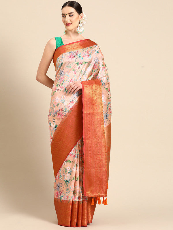 Peach Pure Silk Digital Print Floral Saree with Unstitched Blouse - Hiral Fashion | Swadesiicart