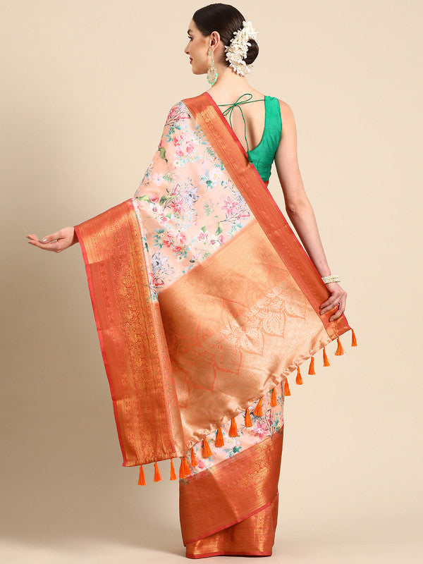 Peach Pure Silk Digital Print Floral Saree with Unstitched Blouse - Hiral Fashion | Swadesiicart