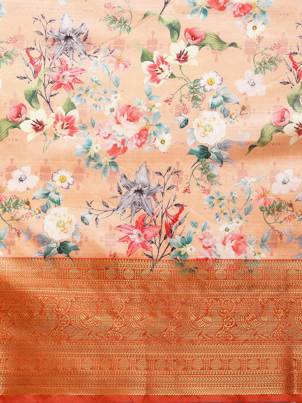 Peach Pure Silk Digital Print Floral Saree with Unstitched Blouse - Hiral Fashion | Swadesiicart