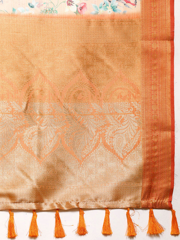 Peach Pure Silk Digital Print Floral Saree with Unstitched Blouse - Hiral Fashion | Swadesiicart
