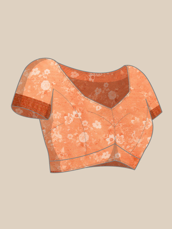 Peach Pure Silk Digital Print Floral Saree with Unstitched Blouse - Hiral Fashion | Swadesiicart