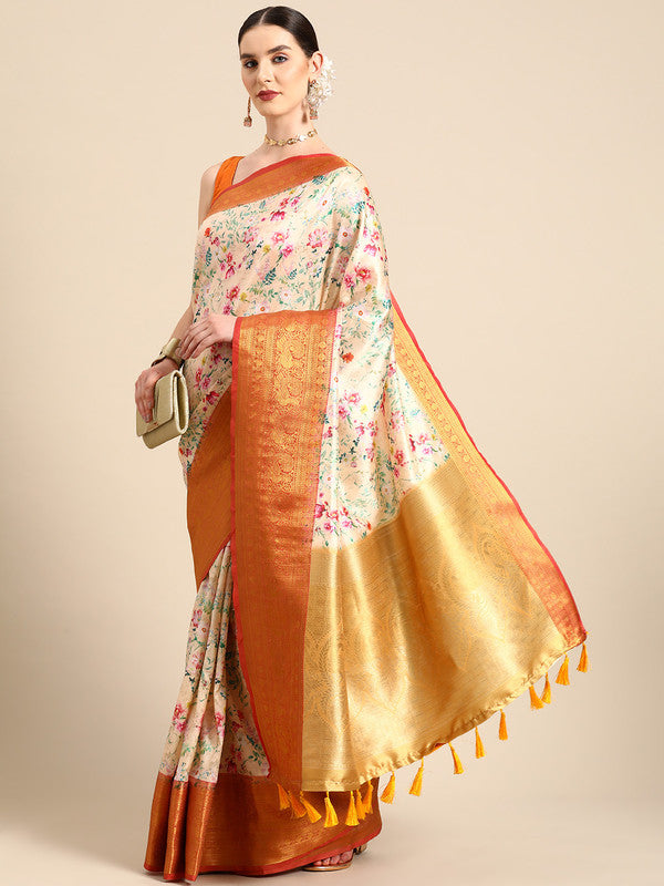 Multicolor Pure Silk Digital Print Floral Saree with Unstitched Blouse - Hiral Fashion | Swadesiicart
