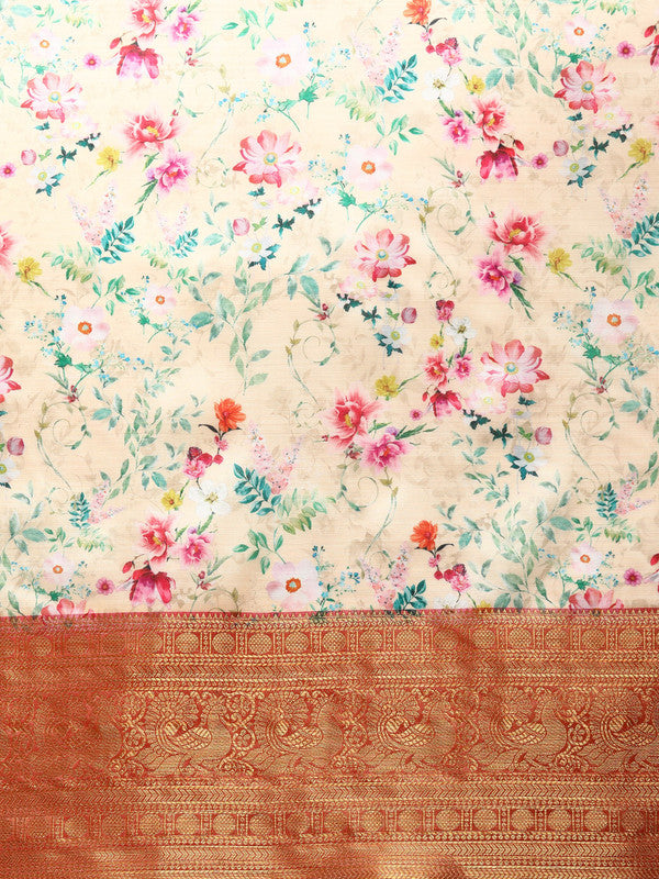 Multicolor Pure Silk Digital Print Floral Saree with Unstitched Blouse - Hiral Fashion | Swadesiicart