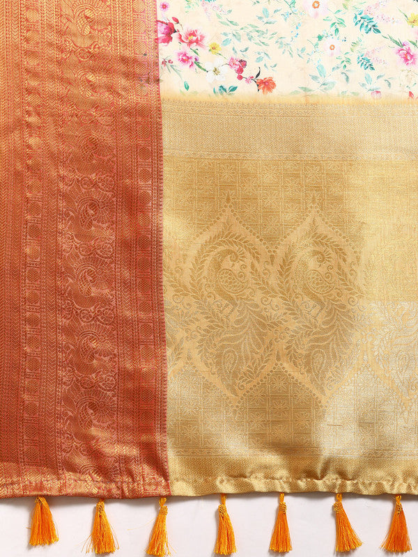 Multicolor Pure Silk Digital Print Floral Saree with Unstitched Blouse - Hiral Fashion | Swadesiicart