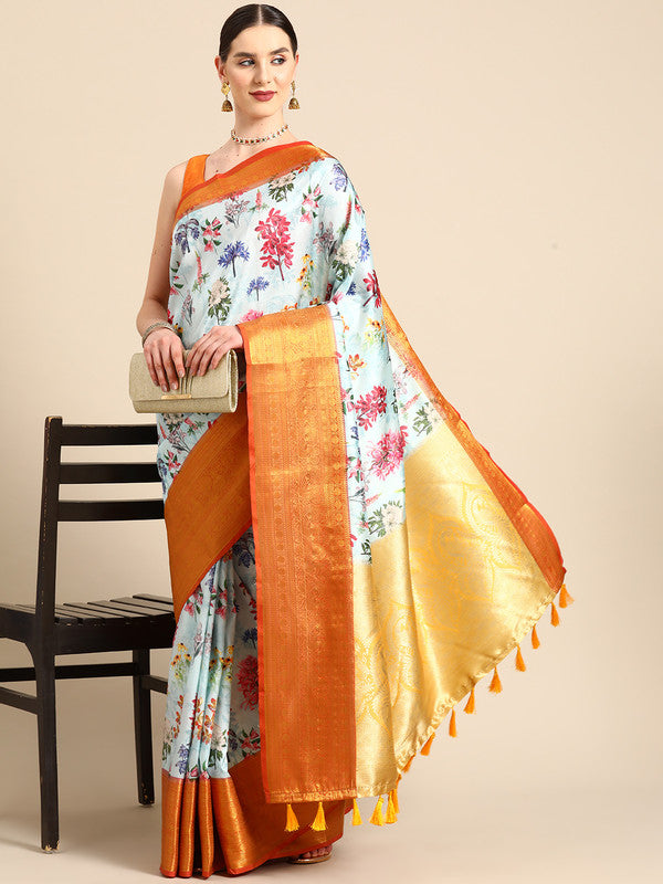Sky Blue Pure Silk Digital Print Floral Saree with Unstitched Blouse - Hiral Fashion | Swadesiicart