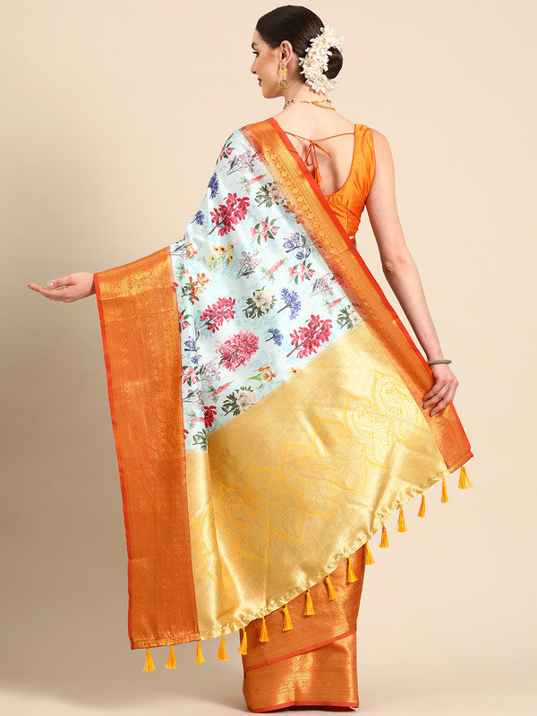 Sky Blue Pure Silk Digital Print Floral Saree with Unstitched Blouse - Hiral Fashion | Swadesiicart