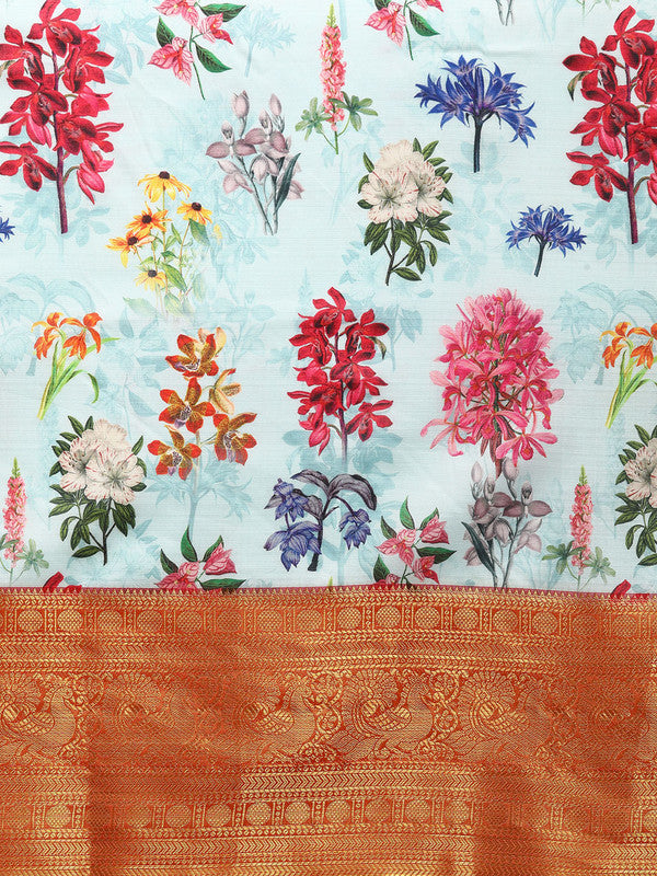Sky Blue Pure Silk Digital Print Floral Saree with Unstitched Blouse - Hiral Fashion | Swadesiicart